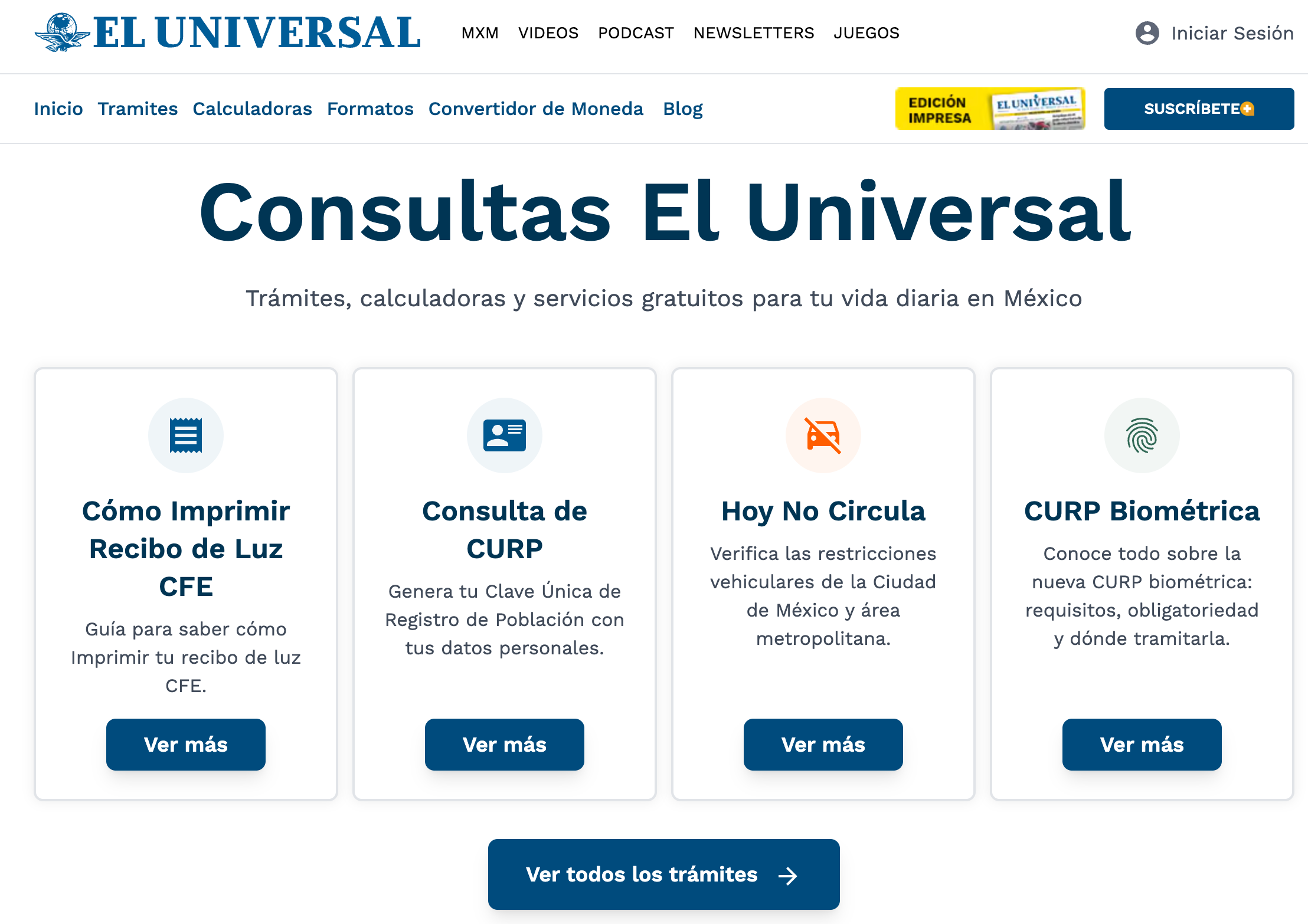 Captura del Home de Consultas El Universal - Trámites, calculadoras y servicios gratuitos